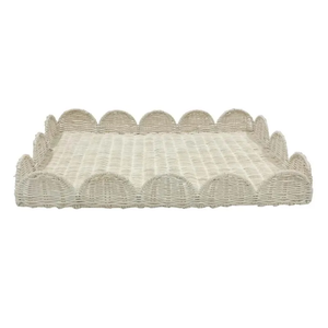 Plateau en rotin unique, rectangulaire, tissé, bord festonné, blanc, pour la présentation des aliments en cuisine, la décoration, le rangement, la vente en gros - Product Image 1