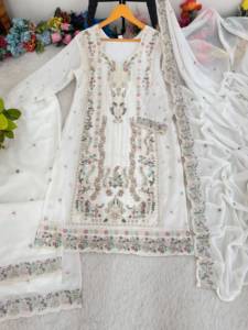 Ensemble Sherwani Palazzo en Georgette de renard brodée vert clair, coupe régulière, longueur cheville, avec dupatta, tenue ethnique traditionnelle pour femme - Product Image 4
