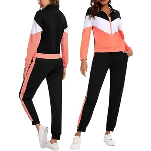 Conjunto Deportivo de 2 Piezas para Mujer, Bloques de Color, Manga Larga, Tejido de Punto, 100% Poliéster/Algodón, Pantalones Deportivos con Cordón y Franja Lateral - Product Image 3