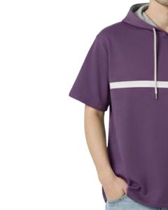 Sudadera con Capucha Personalizada para Hombre, Color Morado, Manga Corta, con Capucha Gris, Bolsillo con Rayas en Contraste, Estilo Casual Urbano, Venta al Por Mayor OEM - Product Image 3