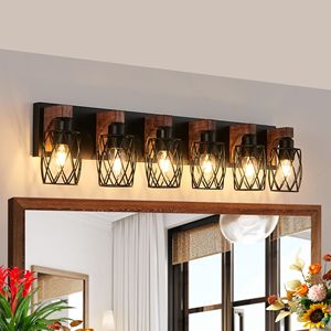 Applique Industriale Vintage da 38 Pollici a 6 Luci, Nera con Gabbia e Dettagli in Legno, per Illuminazione Bagno, Corridoio, Soggiorno - Product Image 5