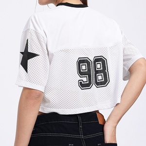 Nueva Edición: Top Corto de Malla Blanca para Mujer, Cuello Redondo, Manga Corta, Estilo Deportivo, Camiseta Estampada con Parches y Letras Bordadas para Verano - Product Image 4