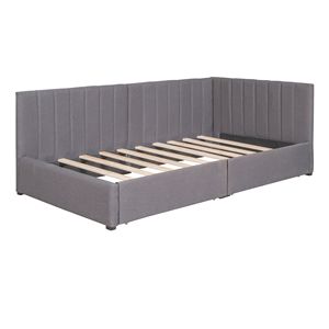 Divano letto imbottito a una piazza e mezza con 2 cassetti contenitore, in tessuto grigio lino, non richiede rete a molle, struttura letto divano - Product Image 3