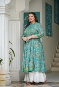 Women's <b>Plus</b> <b>Size</b> Polyester Anarkali Kurti Green Floral Printed Mandarin Collar Three Quarter Sleeves Comfortable Daily Wear - Product Image 5