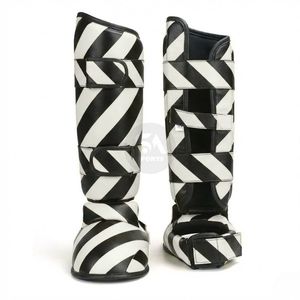 สนับแข้งลายทาง ดีไซน์ป้องกันการบาดเจ็บ หนัง PU สีเหลืองดำ สำหรับมวยไทย MMA อุปกรณ์ฝึกซ้อม โฟมความหนาแน่นสูง แผ่นป้องกัน - Product Image 2