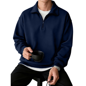Sudadera con capucha de algodón de rizo grueso para hombre, con cremallera de un cuarto, cuello alto, resistente al viento, corte regular, estilo urbano para otoño - Product Image 1