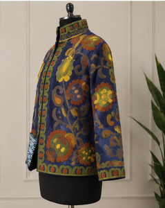 Chaqueta Reversible de Secado Rápido, Hecha a Mano, Azul Marino, Estilo Suzani, Mini Boho, con Bordado Floral, de Algodón y Terciopelo, Cuello Alto, Estilo Jaipuri - Product Image 2