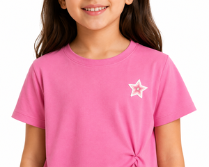 Girls Pink Star Accent <b>Asymmetrical</b> <b>Hem</b> T Shirt Soft Cotton Blend Short Sleeve Casual Stylish Everyday <b>Top</b> Comfortable Summer - Product Image 4