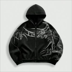 Sweat à capuche zippé oversize brodé en coton épais délavé pour homme, style streetwear, avec pantalon de survêtement évasé, écoresponsable, personnalisable OEM - Product Image 1