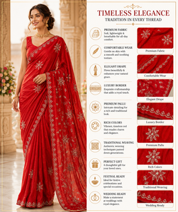 Elegant <b>Red</b> Organza <b>Saree</b> Embroidered Indian Wedding Wear Silk Sarees Women Pakistani Party Wear Bridal Sari Wholesale CHOHAN - Product Image 3