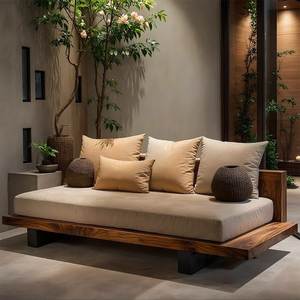 Sofá Cama Minimalista de Madera con Cojín Tapizado de Tela, Sin Respaldo ni Brazos, Muebles para Sala de Estar - Product Image 1