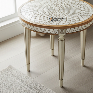 Taburete de Madera Artesanal Personalizado al por Mayor, Soporte Decorativo Blanco y Dorado con Arte Meena, Mesa Auxiliar de Madera Maciza Duradera con Trípode - Product Image 5