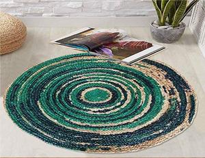 Stylish design tie dye braided jute <b>rugs</b> in round shape in green colour <b>natural</b> braided jute rope for round table mat bathmats - Product Image 3