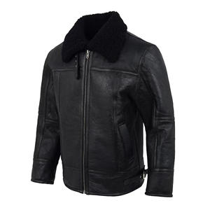 Veste en cuir noir pour homme avec col en fourrure noire, manteau d'hiver en peau de mouton véritable, doublure en polaire chaude, veste de motard - Product Image 2