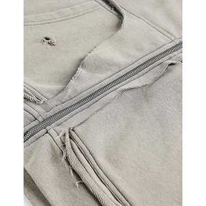 Vintage Beige Acid Wash Zip Up Hoodie Distressed Hem Detail Oversized <b>Fleece</b> <b>Jacket</b> Men Streetwear Raw Edge Sweatshirt - Product Image 3