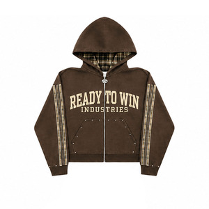 ชุดวอร์มฮู้ดดี้สีน้ำตาลลายสก็อตพร้อมซิปเต็มตัว แบรนด์ Ready To Win Industries เสื้อและกางเกงลำลองสำหรับผู้ใหญ่ใส่ได้ทั้งชายและหญิง เหมาะสำหรับฤดูใบไม้ร่วง - Product Image 2