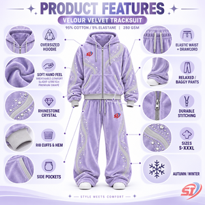 Ice Lavender Dream Custom 100% Cotton Velour <b>Velvet</b> Unisex <b>Tracksuit</b> 280 GSM Rhinestone Crystal Hoodie Pants OEM Streetwear - Product Image 5