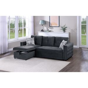 Divano Sezionale 2 Pezzi in Velluto Nero con Letto Estraibile, Chaise Longue Contenitore e Dettagli Trapuntati, Reversibile, per Soggiorno - Product Image 2