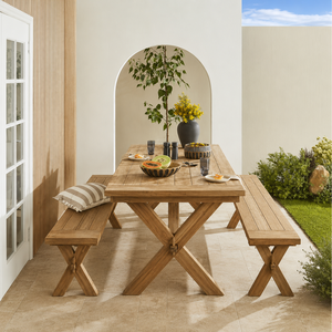 Ensemble de pique-nique de luxe en teck massif pour l'extérieur, table rectangulaire à tréteaux avec 2 longues bancs - Product Image 1