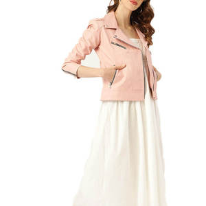Women's <b>Pink</b> PU Leather Moto <b>Jacket</b> Full Sleeve Turn-down Collar Zipper Closure Short Length Solid Color <b>Biker</b> Style Autumn Wear - Product Image 2