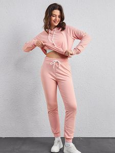 Women <b>Pink</b> Hooded <b>Tracksuit</b> Set Full Sleeve Solid Color Casual Loose Fit Breathable Cotton Autumn Wear With Side Pockets - Product Image 4