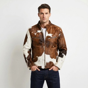 High Quality Handmade Hair-on Cowskin Leather <b>Jacket</b> Men Western Cowboy Style Stand Collar Zip Up Cafe <b>Racer</b> Genuine Leather - Product Image 2