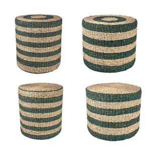 Puf cilíndrico y reposapiés de junco marino tejido a rayas, diseño artesanal moderno, tamaño y color personalizables - Product Image 1