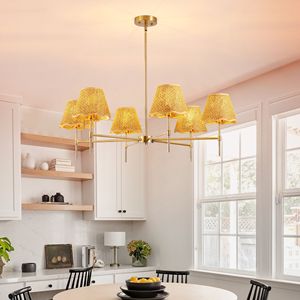 Lampadario Boho in Rattan a 6 Luci, Lampada a Sospensione Rustica Industriale, Grande Illuminazione Regolabile per Isola Cucina D - Product Image 3