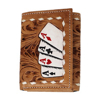 Monedero largo de tres pliegues de cuero de vaca argentino de grano completo hecho a mano Western Poker Aces de alta calidad para hombres