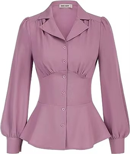 Chemisiers boutonnés pour femmes, hauts à volants, chemisiers de travail à manches longues, chemisiers à col, hauts habillés - Product Image 4
