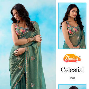 Sari indio de seda con bordado de lentejuelas de diseño glamuroso para mujeres, ideal para fiestas, bodas y ocasiones especiales. - Product Image 1