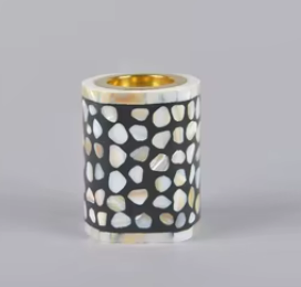 Portavelas cilíndrico elegante con mosaico de nácar hecho a mano, con patrón de guijarros y brillo de concha, para velas votivas y de té. - Product Image 4