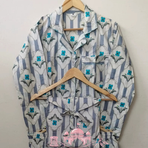 Artisanal Hand Block Printed Cotton Pajama Set Elegant Floral Mughal Motif Summer Nightwear Soft Breathable Quick Dry Sleepwear - Product Image 1