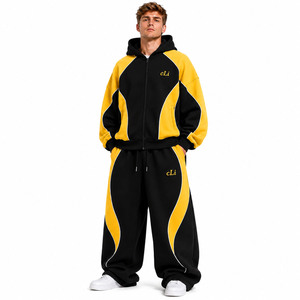 Conjuntos de sudadera de invierno de alta calidad con bloques de color, cremallera, estilo oversize, forro polar grueso y joggers anchos holgados, con bordado personalizado - Product Image 1