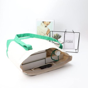 Large White <b>Canvas</b> <b>Tote</b> Bag with Green Trim Shoulder Handle Shopping Bag Daily Use - Product Image 2