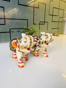 Handmade Painted Stone <b>Elephant</b> Figurine Pair Feng Shui Home <b>Decoration</b> White Gold Orange <b>Decorative</b> Statues - Product Image 4