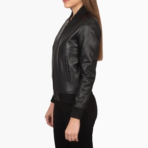 Chaqueta Bomber de Cuero Genuino para Mujer, Manga Larga, Cuello Alto, Cierre de Cremallera, para Otoño, Color Sólido, Corte Regular - Product Image 5
