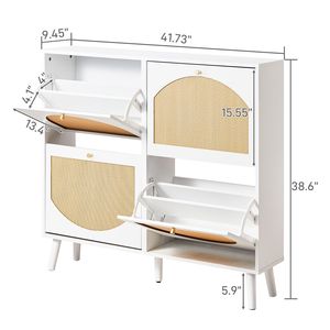 Scarpiera a 2 ripiani con 4 vani, a gamba alta, in rattan curvo, in truciolato e rattan sintetico, 105x24x98 cm, con telaio bianco - Product Image 5