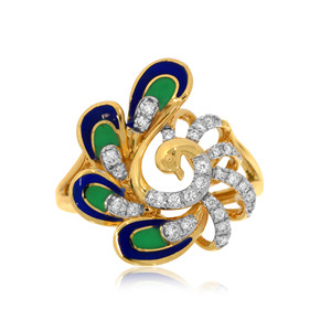 Bague de créateur en plumes de paon avec diamant de laboratoire, or jaune et émail, pour femme, fournisseur en gros - Product Image 2