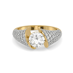 Anillo de compromiso de lujo para mujer en oro amarillo con diamantes redondos y engaste pavé - Product Image 1