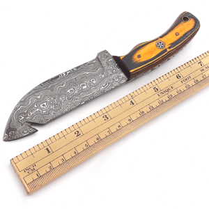 Couteau de chasse de poche en acier Damas de qualité industrielle OEM, fait main, à lame pleine, pour l'extérieur, avec crochet de dépecage, fourreau en bois et cuir - Product Image 2