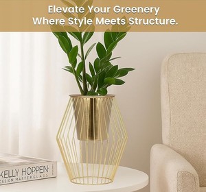 Pot de fleurs en métal doré avec support en cage métallique, pot de fleurs moderne pour salon, balcon, jardin, décoration de la maison - Product Image 3