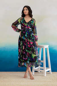 Vestido Midi de Gasa con Estampado Floral, Cuello en V, Manga con Volantes, Corte en A, Holgado, Estilo Boho, Casual de Verano para Mujer, Prenda Elegante - Product Image 1