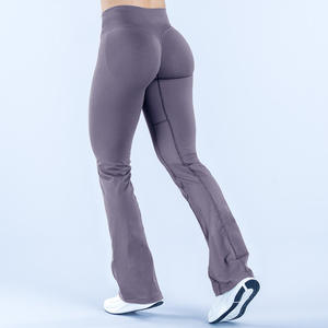 Pantalon évasé sans couture pour femme avec taille côtelée croisée en V, effet froncé invisible, jambes évasées, pantalon large de sport - Product Image 1