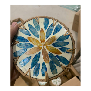 Natural Rattan Eco-Friendly Durable Decorative <b>Platter</b> with Handmade Mother of Pearl Mosaic Finish - Product Image 3