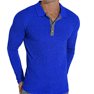 Polo en tricot à manches longues pour homme, gris foncé uni, décontracté, boutonné, coupe ajustée - Product Image 3