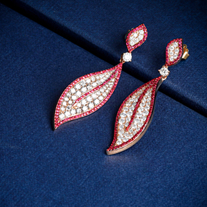 Rose Gold Plated Leaf <b>Drop</b> <b>Earrings</b> With Round Brilliant Cut Diamonds And <b>Red</b> Gemstones For Women Party Jewelry - Product Image 3