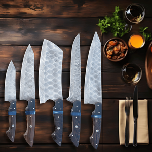 Ensemble de couteaux de chef personnalisés en acier Damas fait main, 5 pièces, manche en bois Wagi, étui en cuir, pour la cuisine, respectueux de l'environnement, MORTAL SAGA Drop - Product Image 3