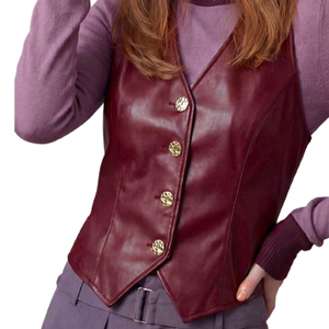 Chaleco de Cuero para Mujer 2026, Color Borgoña, Corte Entallado, Cuello en V, Nuevo, Cómodo, Duradero, Ligero, OEM, ODM - Product Image 1