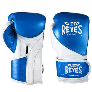 Gants de boxe professionnels RTS Cleto Reyes bleu/blanc en cuir véritable, fermeture auto-agrippante - Product Image 1